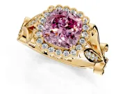 Halo Engagement Ring Setting for Fancy Pink Cushion Cut Center with Leaf Motif Split Shank and Prong Head in Yellow Gold