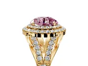 Double Halo Engagement Ring Setting for Fancy Pink Round Cut Center with Narrow Pave Split Shank and Prong Head in Yellow Gold