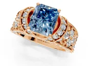 Pave Engagement Ring Setting for Fancy Blue Radiant Cut Center with Curved Accent Rows, Openwork and Prong Head in Rose Gold