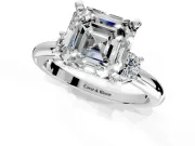 3 Stone Engagement Ring Setting for Asscher Cut Center with Wide Plain Band and Prong Head in White Gold