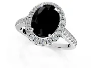 Halo Engagement Ring Setting for Fancy Black Oval Center with Narrowing Pave Band and Prong Head in White Gold