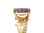 Solitaire Engagement Ring Setting for Fancy Pink Emerald Cut Center with Pave and Plain Crossover Band and Prong Head in Yellow Gold