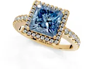 Accent Halo Engagement Ring Setting for Fancy Blue Princess Cut Center with Full-Length Pave Band and Prong Head in Yellow Gold