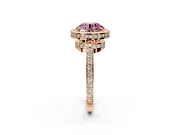 Halo Engagement Ring Setting for Fancy Pink Round Cut Center with Metal-Rimmed Halo, Pave Band and Prong Head in Rose Gold