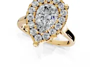 Single Halo Engagement Ring Setting for Pear-Shaped Center with Corner Claws, Plain Band and Prong Head in Yellow Gold