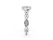 Solitaire Engagement Ring Setting for Radiant Cut Center with Accented Twist Band and Leaf Prong Head in Platinum