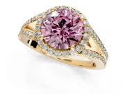 Halo Engagement Ring Setting for Fancy Pink Round Cut Center with Pave Split Shank and Prong Head in Yellow Gold