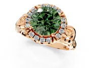 Halo Engagement Ring Setting for Fancy Green Round Cut Center with Open Scroll Shoulders and Prong Head in Rose Gold