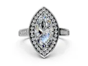 Halo Engagement Ring Setting for Marquise Center with Outer Bezel Rim, Pave Band and Prong Head in White Gold