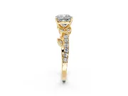Leaf Motif Engagement Ring Setting for Cushion Cut Center with Pave Band and Prong Head in Yellow Gold
