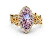 Halo Engagement Ring Setting for Fancy Pink Marquise Center with Leaf Motif Split Shank and Prong Head in Yellow Gold