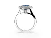 Halo Engagement Ring Setting for Fancy Blue Asscher Cut Center with Milgrain Frame, Pave Band and Prong Head in Sterling Silver