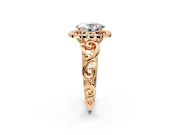 Halo Engagement Ring Setting for Oval Center with Open Scroll Shoulders and Prong Head in Rose Gold