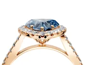 Halo Engagement Ring Setting for Fancy Blue Heart-Shaped Center with Narrowing Pave Band and Prong Head in Rose Gold