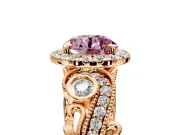 Milgrain Halo Engagement Ring Setting for Fancy Pink Round Cut Center with Shoulder Bezels and Prong Head in Rose Gold