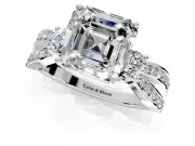 3 Stone Engagement Ring Setting for Asscher Cut Center with Pave Twist Band and Prong Head in Platinum