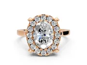Single Halo Engagement Ring Setting for Oval Center with Corner Claws, Plain Band and Prong Head in Rose Gold