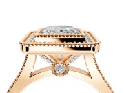 Halo Engagement Ring Setting for Princess Cut Center with Milgrain Frame, Pave Band and Prong Head in Rose Gold