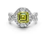 Halo Engagement Ring Setting for Fancy Yellow Asscher Cut Center with Pave Infinity Twist Band and Prong Head in White Gold