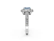 Halo Engagement Ring Setting for Fancy Blue Asscher Cut Center with Milgrain Channel Band and Prong Head in White Gold