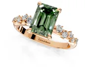 Solitaire Engagement Ring Setting for Fancy Green Emerald Cut Center with Trailing Leaf Accent Band and Prong Head in Rose Gold