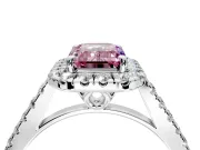 Halo Engagement Ring Setting for Fancy Pink Emerald Cut Center with Raised Halo, Pave Band and Prong Head in Platinum