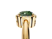 Halo Engagement Ring Setting for Fancy Green Cushion Cut Center with Tapered Plain Band and Prong Head in Yellow Gold