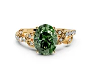 Leaf Motif Engagement Ring Setting for Fancy Green Oval Center with Pave Band and Prong Head in Yellow Gold