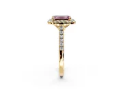 Halo Engagement Ring Setting for Fancy Pink Emerald Cut Center with Raised Halo, Pave Band and Prong Head in Yellow Gold