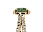 Halo Engagement Ring Setting for Fancy Green Cushion Cut Center with Double Pave Split Shank and Prong Head in Yellow Gold