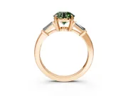 3 Stone Engagement Ring Setting for Fancy Green Round Cut Center with Baguette Accents and Prong Head in Rose Gold