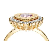 Halo Engagement Ring Setting for Fancy Pink Pear-Shaped Center with Milgrain Bezel Rim, Plain Band and Prong Head in Yellow Gold
