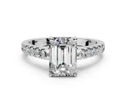 Solitaire Engagement Ring Setting for Emerald Cut Center with Partway Pave Band and Prong Head in Sterling Silver
