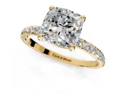 Solitaire Engagement Ring Setting for Cushion Cut Center with Pave Accents and Prong Head in Yellow Gold