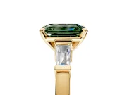 3 Stone Engagement Ring Setting for Fancy Green Emerald Cut Center with Channel Baguette Accents and Prong Head in Yellow Gold