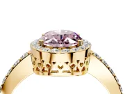 Halo Engagement Ring Setting for Fancy Pink Oval Center with Heart-Shaped Openwork, Pave Band and Prong Head in Yellow Gold