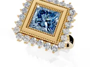 Halo Engagement Ring Setting for Fancy Blue Princess Cut Center with Milgrain Bezel Rim, Plain Band and Prong Head in Yellow Gold