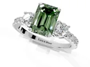 3 Stone Engagement Ring Setting for Fancy Green Emerald Cut Center with Round Cut Side Accents and Prong Head in Platinum