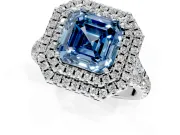 Double Halo Engagement Ring Setting for Fancy Blue Asscher Cut Center with Narrow Pave Split Shank and Prong Head in Platinum