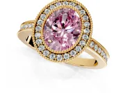 Halo Engagement Ring Setting for Fancy Pink Oval Center with Milgrain Halo, Pave Band and Prong Head in Yellow Gold