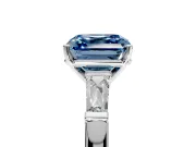 3 Stone Engagement Ring Setting for Fancy Blue Asscher Cut Center with Tapered Baguettes, Plain Band and Prong Head in Platinum
