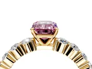 Shared-Prong Engagement Ring Setting for Fancy Pink Emerald Cut Center with Graduated Accents and Prong Head in Yellow Gold