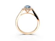 Halo Engagement Ring Setting for Fancy Blue Pear-Shaped Center with Narrowing Pave Band and Prong Head in Rose Gold