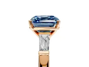 3 Stone Engagement Ring Setting for Fancy Blue Asscher Cut Center with Tapered Baguettes, Plain Band and Prong Head in Rose Gold