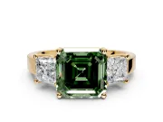 3 Stone Engagement Ring Setting for Fancy Green Asscher Cut Center with Matching Side Accents and Prong Head in Yellow Gold