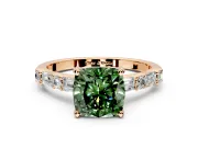 Baguette Engagement Ring Setting for Fancy Green Cushion Cut Center with Alternating Bar-Set Band and Prong Head in Rose Gold