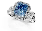 Halo Engagement Ring Setting for Fancy Blue Radiant Cut Center with Open Scroll Shoulders and Prong Head in White Gold