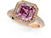 Milgrain Halo Engagement Ring Setting for Fancy Pink Asscher Cut Center with Three-Sided Pave Band and Prong Head in Rose Gold