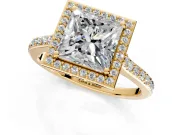 Halo Engagement Ring Setting for Princess Cut Center with Pave Accents, Heart Basket and Prong Head in Yellow Gold