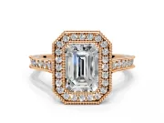 Halo Engagement Ring Setting for Emerald Cut Center with Milgrain Pave Band and Bezel Head in Rose Gold